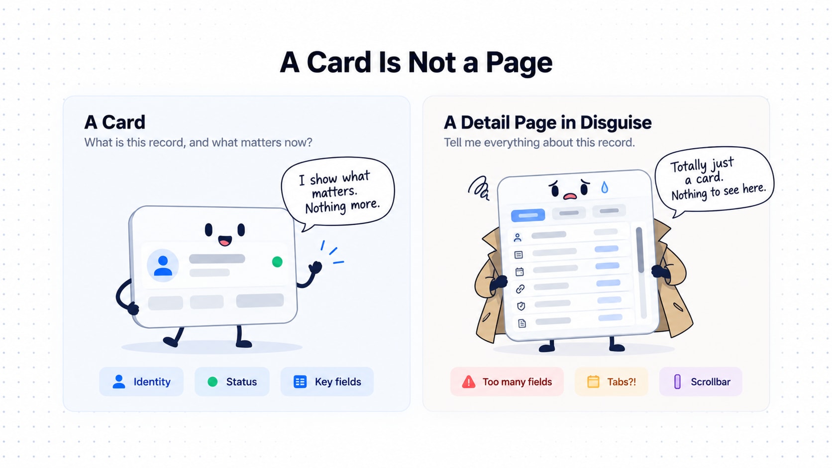 Illustration of a tidy record card character labeled "A Card" next to an overloaded card character in a trench coat labeled "A Detail Page in Disguise", stuffed with fields, tabs and a scrollbar.