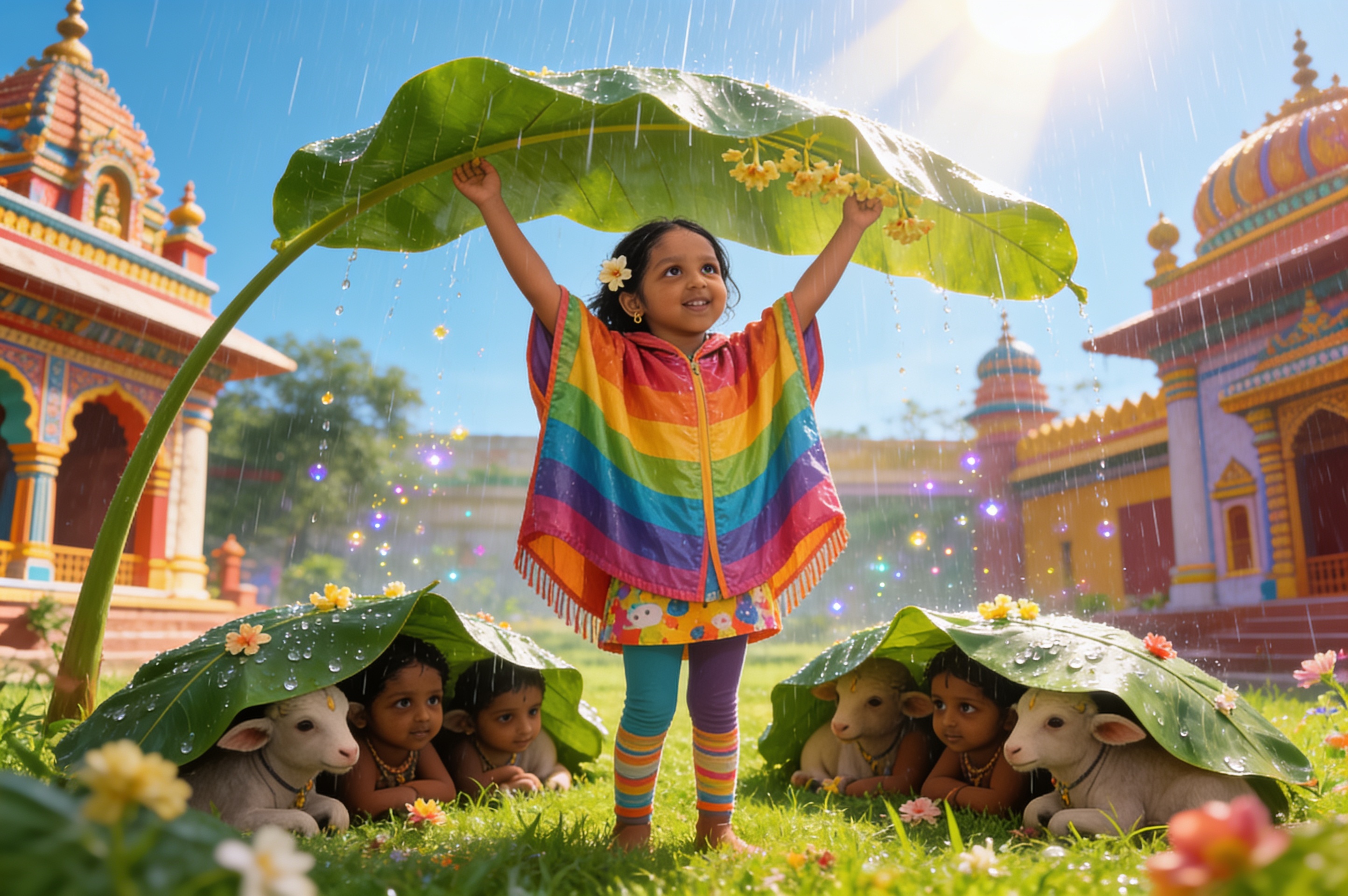 Aahana's Krishna Adventure and the big leaf umbrella — illustration for page 8