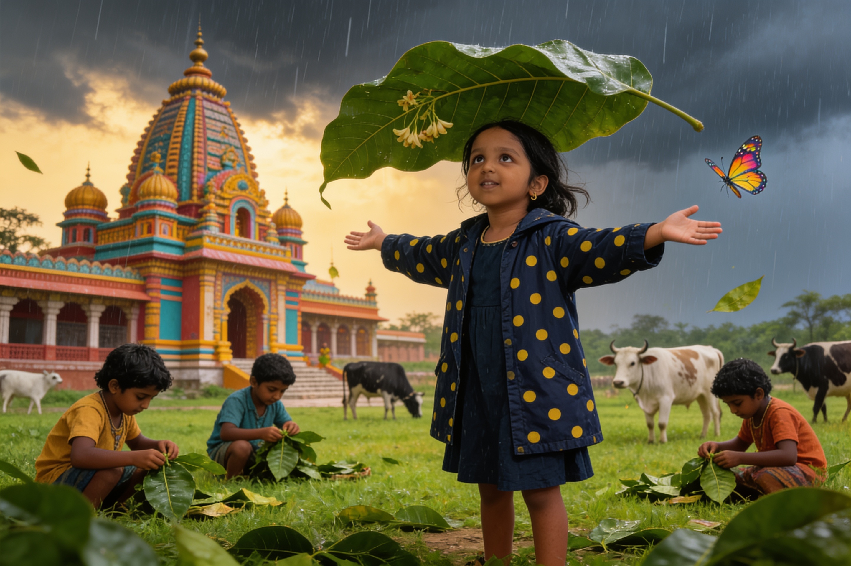 Aahana's Krishna Adventure and the big leaf umbrella — illustration for page 7