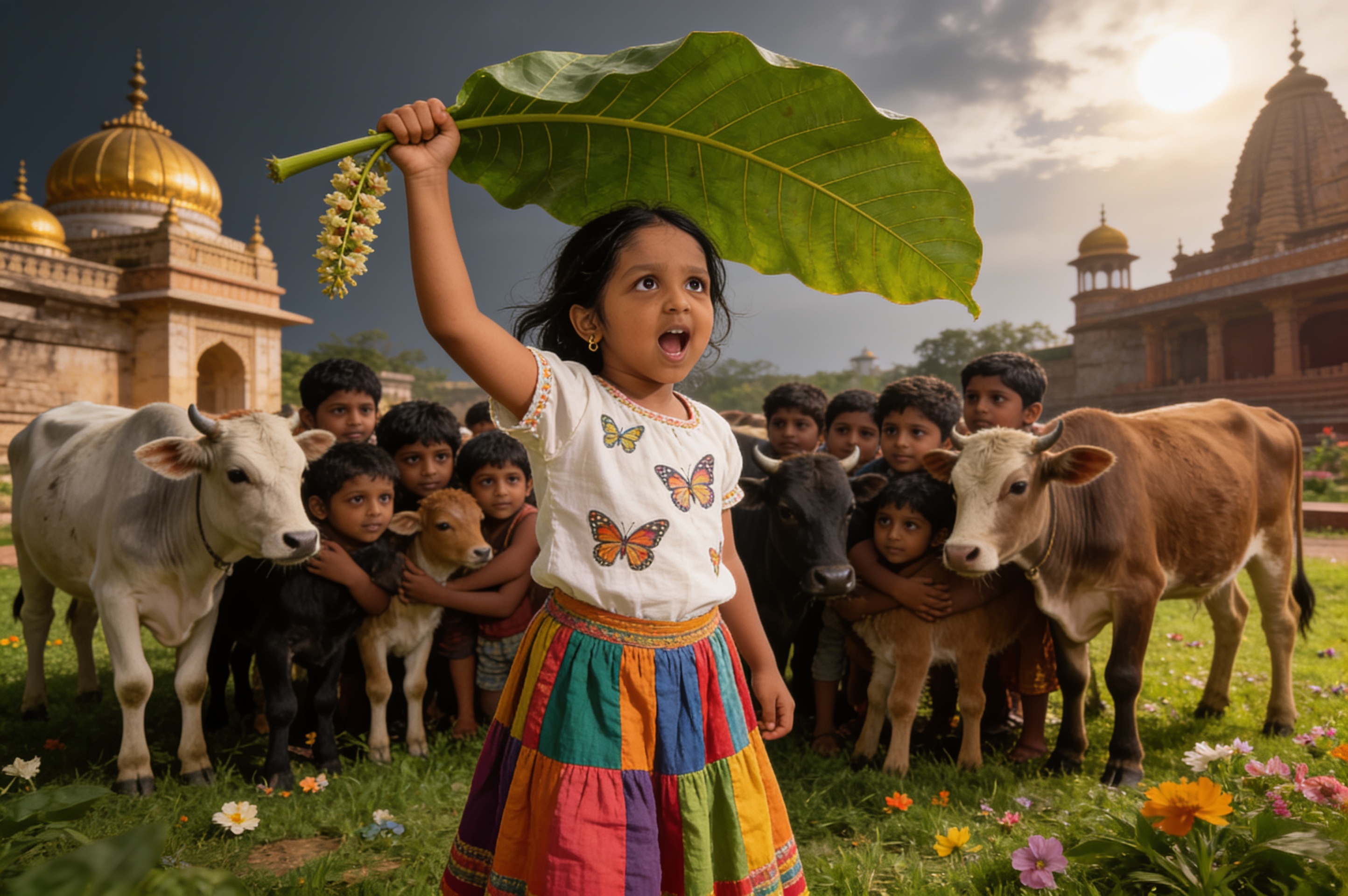 Aahana's Krishna Adventure and the big leaf umbrella — illustration for page 6