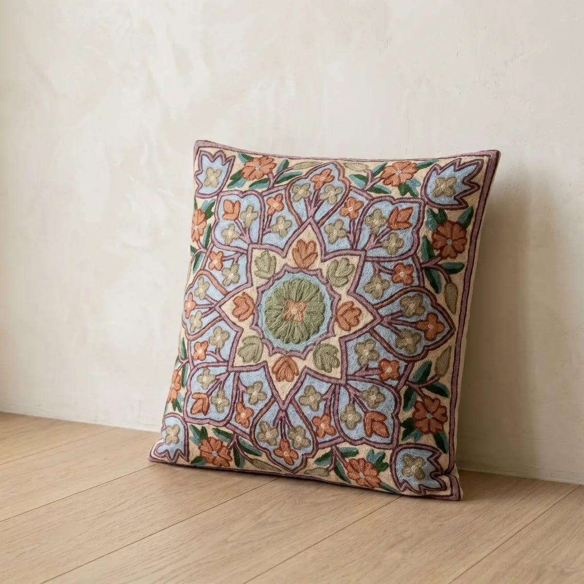 Heritage Motif Hand Embroidered Kashmiri Crewel 16×16 Cushion Cover