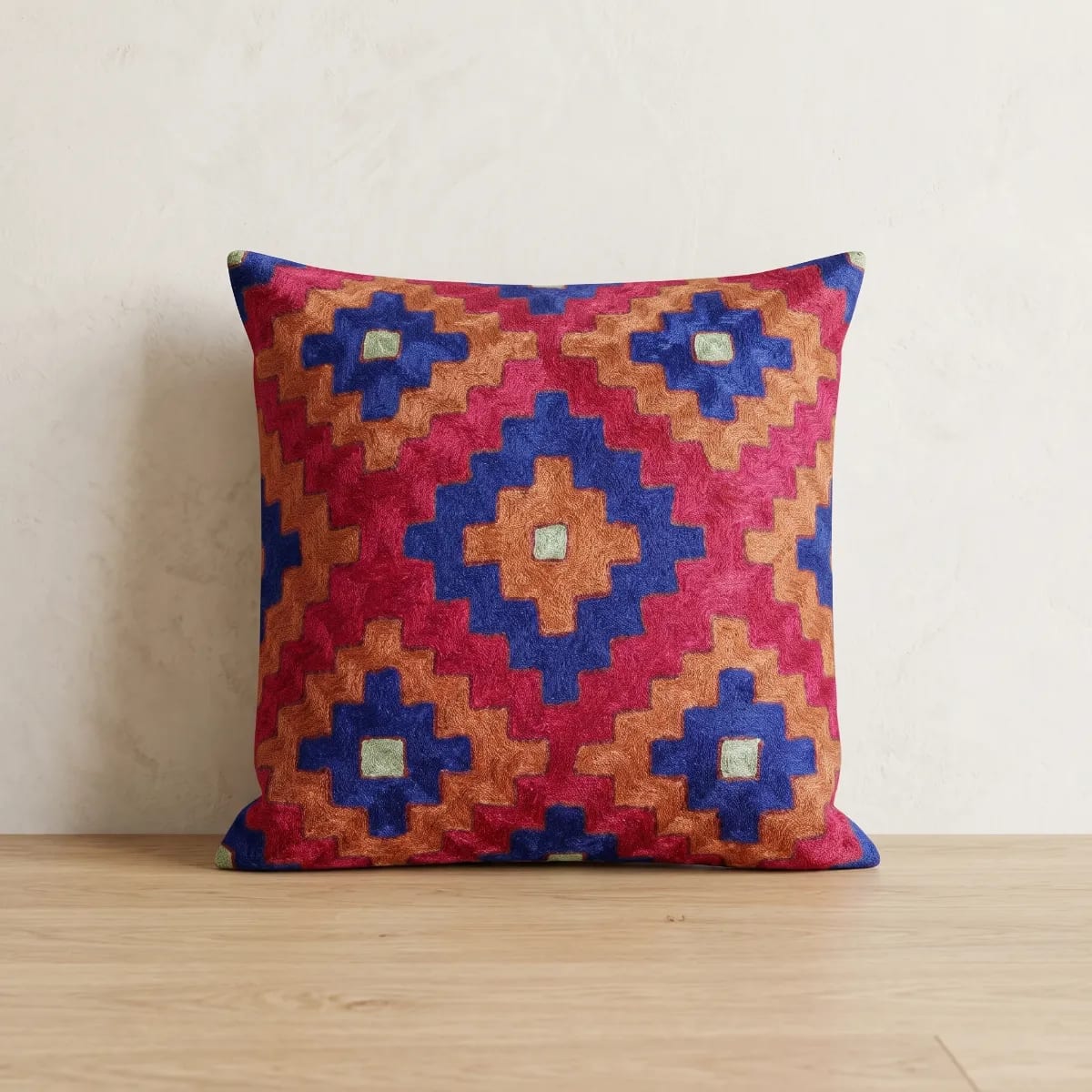 Rust Floral Hand Embroidered Kashmiri Crewel 16×16 Cushion Cover