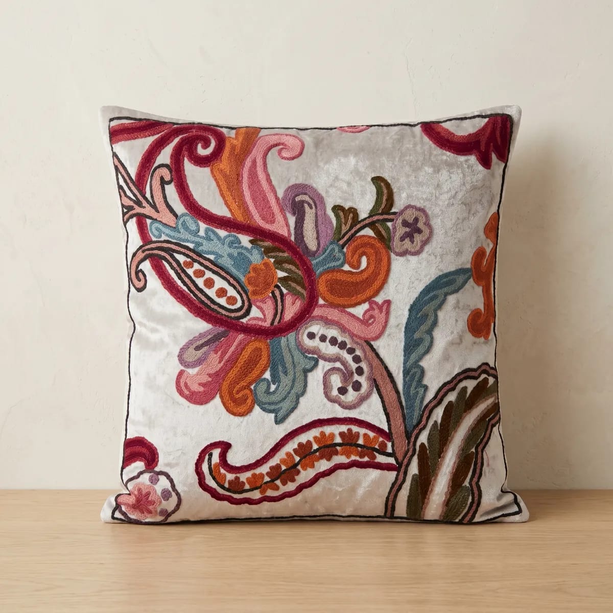 Beige Floral Hand Embroidered Kashmiri Crewel 16×16 Cushion Cover