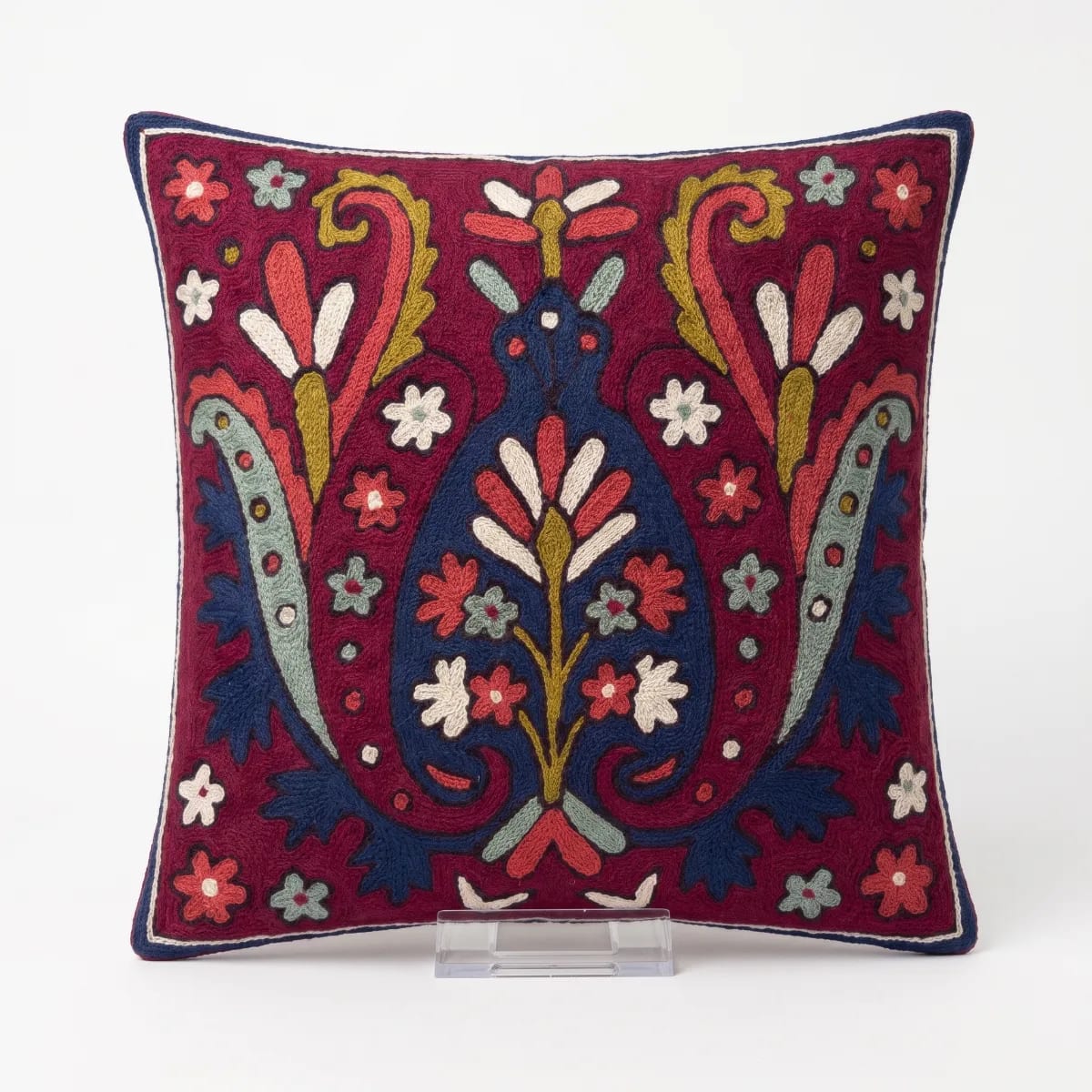 Ivory Hand Embroidered Kashmiri Crewel 16×16 Cushion Cover