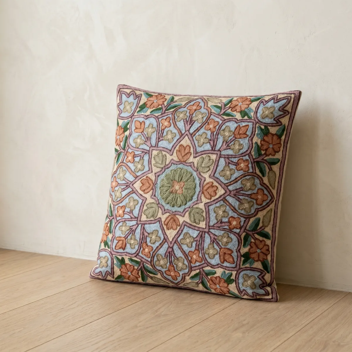 Heritage Motif Hand Embroidered Kashmiri Crewel 16×16 Cushion Cover — view 1