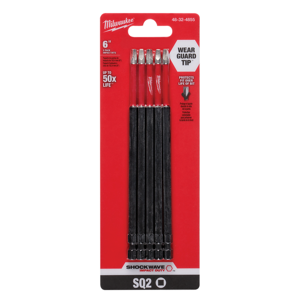 MILWAUKEE SHOCKWAVE™ POWER BIT SQUARE RECESS #2 150MM (6“) 5PK