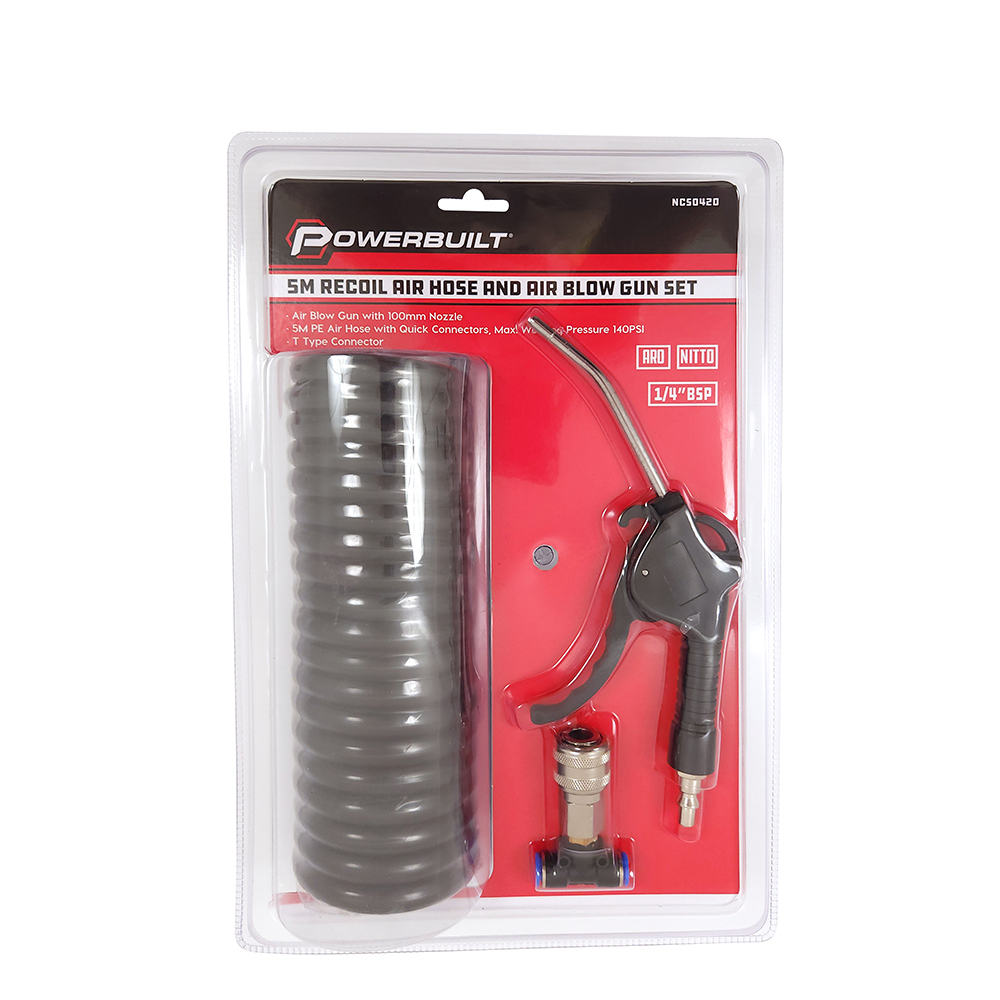 POWERBUILT 5M Recoil Air Hose And Air Blow Gun Set
