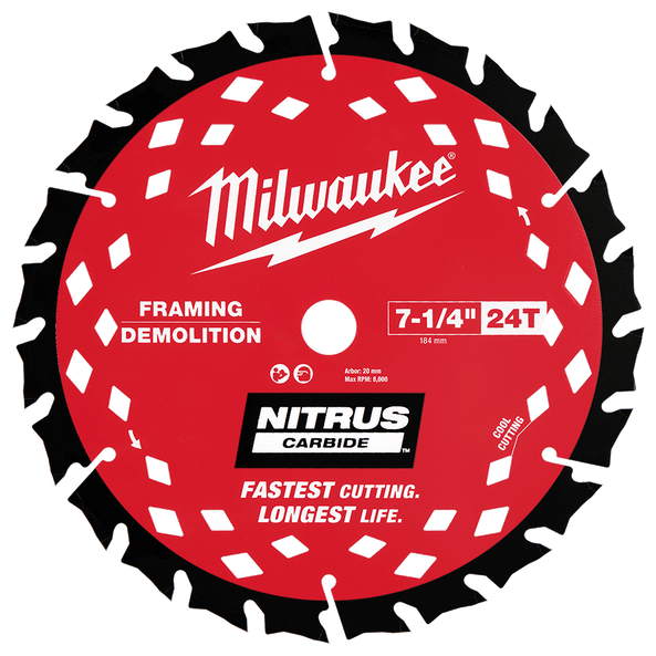 MILWAUKEE 184mm (7-1/4") 24T NITRUS CARBIDE™ Circular Saw Blade Demolition/Framing 48400790