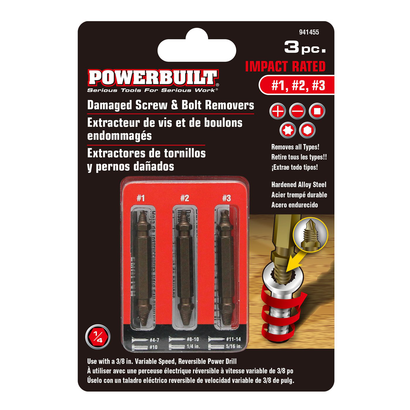 POWERBUILT 3pc Bolt Remover & Damaged Screw Extractor