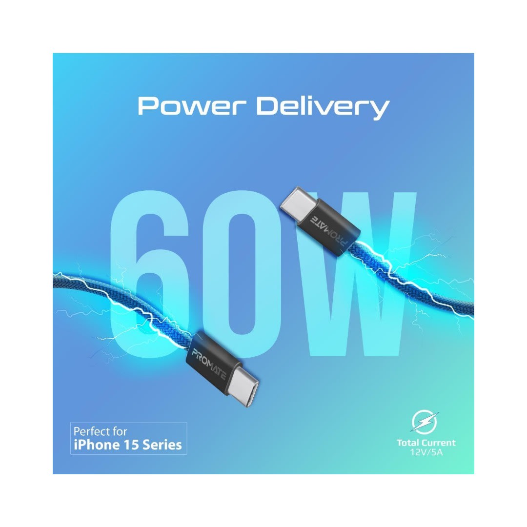 Promate EcoLine-CC120 60W Power Delivery USB-C to USB-C Cable (1.2m, Black) | MOBILE ACCESSORIES - Server Zone | Official UAE Supplier | View 2