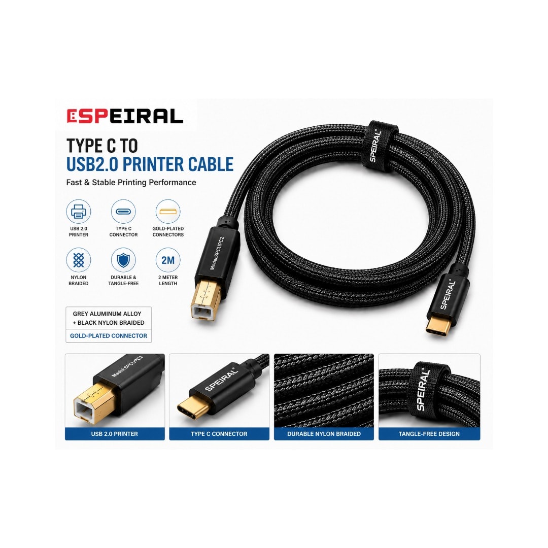 Speiral USB-C to USB 2.0 Printer Cable, Nylon Braided, 2m | 586 - Server Zone | Official UAE Supplier | View 2