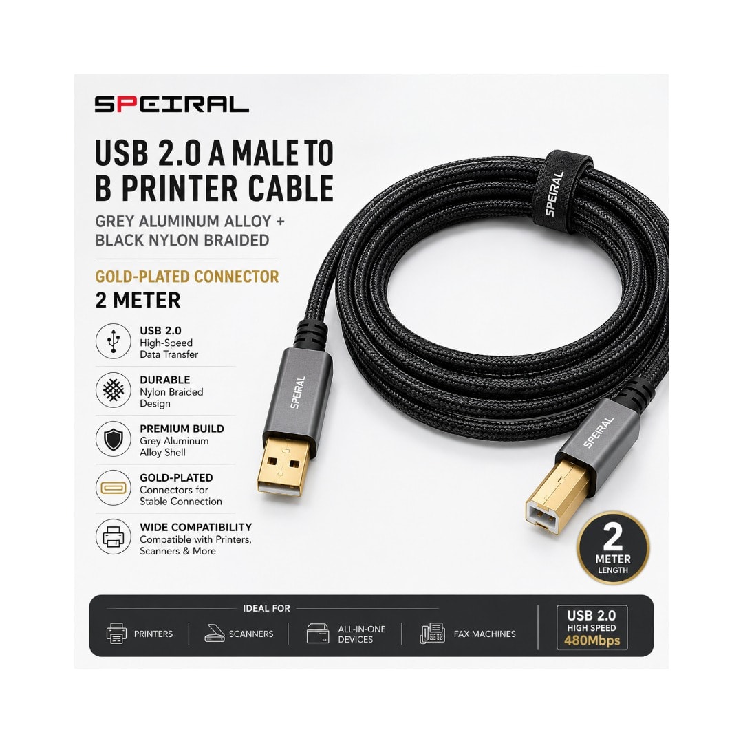Speiral Usb 2.0 A Male To B Printer Cable 2 Meter | 583 - Server Zone | Official UAE Supplier | View 2