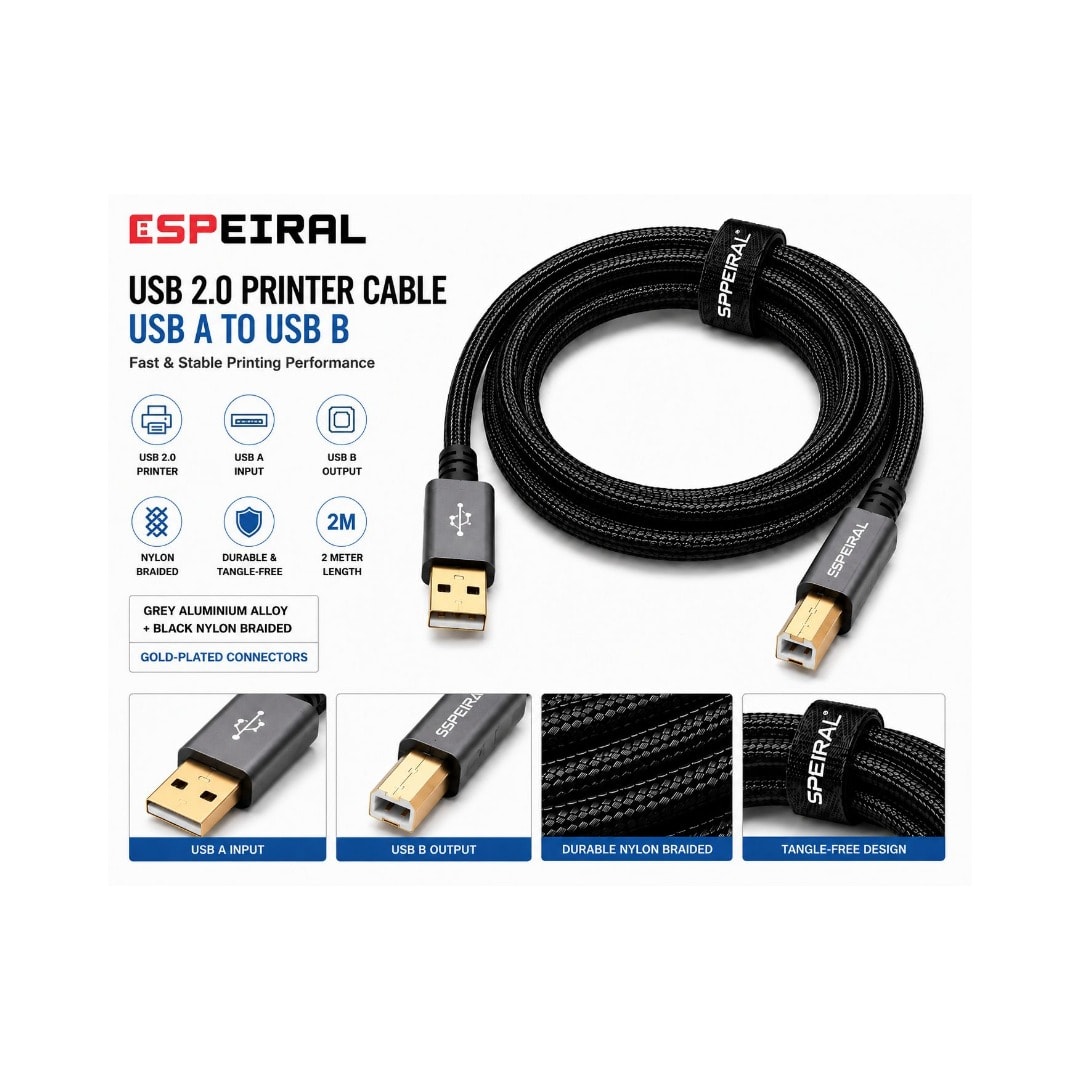 Speiral Usb 2.0 A Male To B Printer Cable 2 Meter | 583 - Server Zone | Official UAE Supplier | View 3