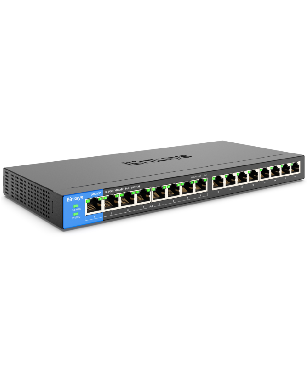 Linksys LGS116P 16-Port Gigabit PoE+ Unmanaged Business Desktop Switch Gallery View 3