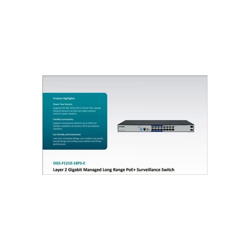 D-Link DGS-F1210-18PS-E 18-Port Layer 2 Gigabit Managed Long Range PoE+ Surveillance Switch Gallery View 2
