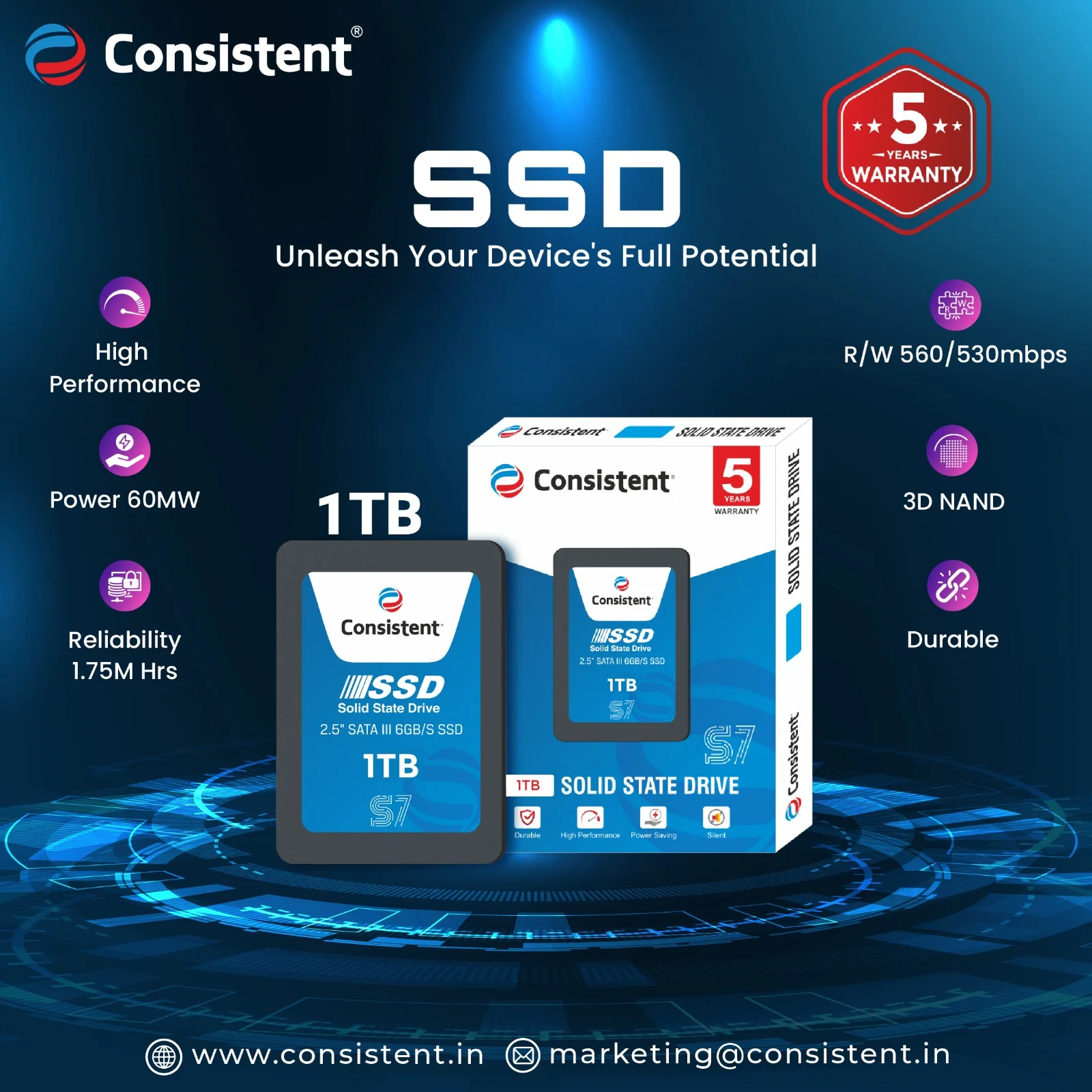 Consistent 1TB 2.5" SATA III Internal SSD - 6Gb/s, 570/500 MB/s Read/Write Gallery View 3