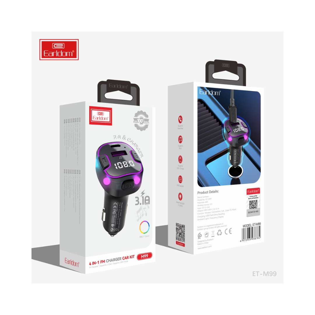 Earldom ET-M99 4-in-1 Bluetooth FM Car Kit & Dual Port Fast Charger UAE