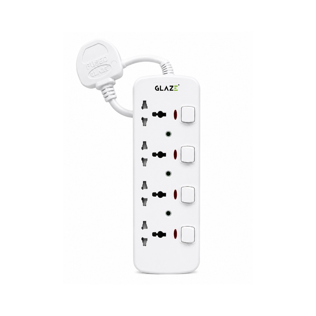GLAZE GZE43 4-Way Universal Extension Socket with Individual Switches, 3M Cord, 3250W, Surge Protection