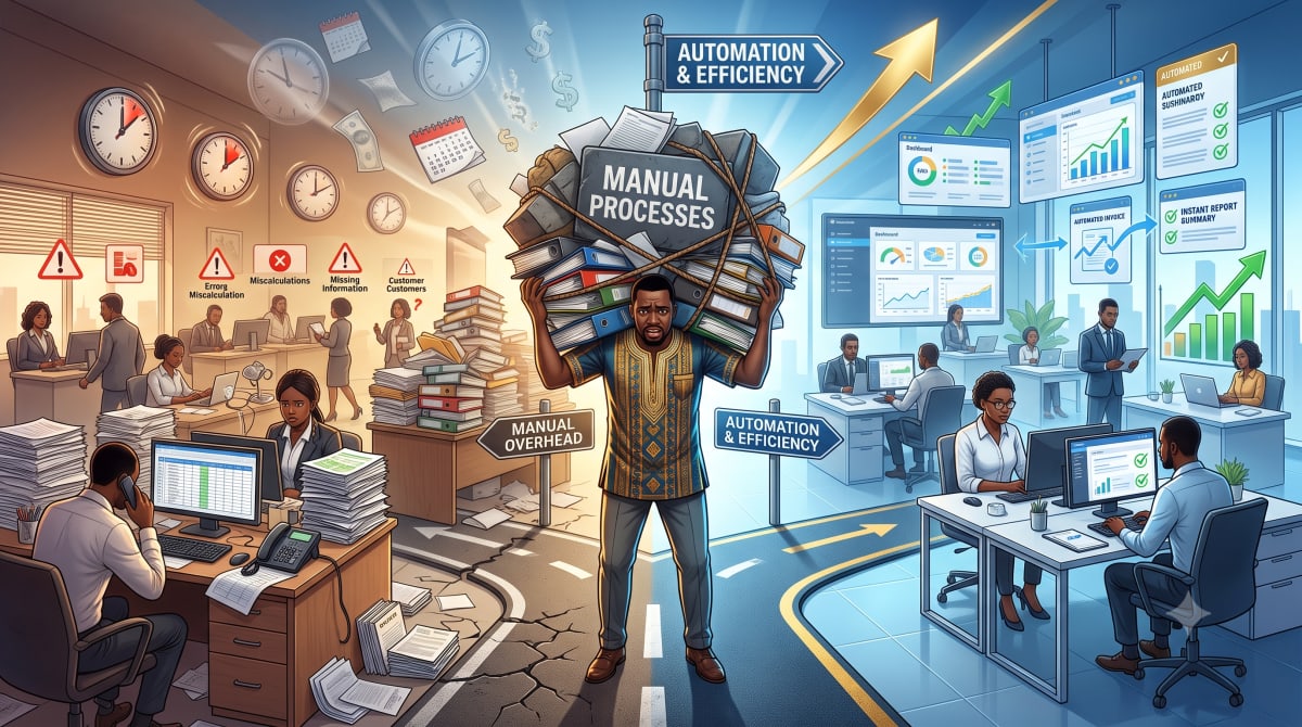 Nigerian business owner surrounded by paperwork and manual records