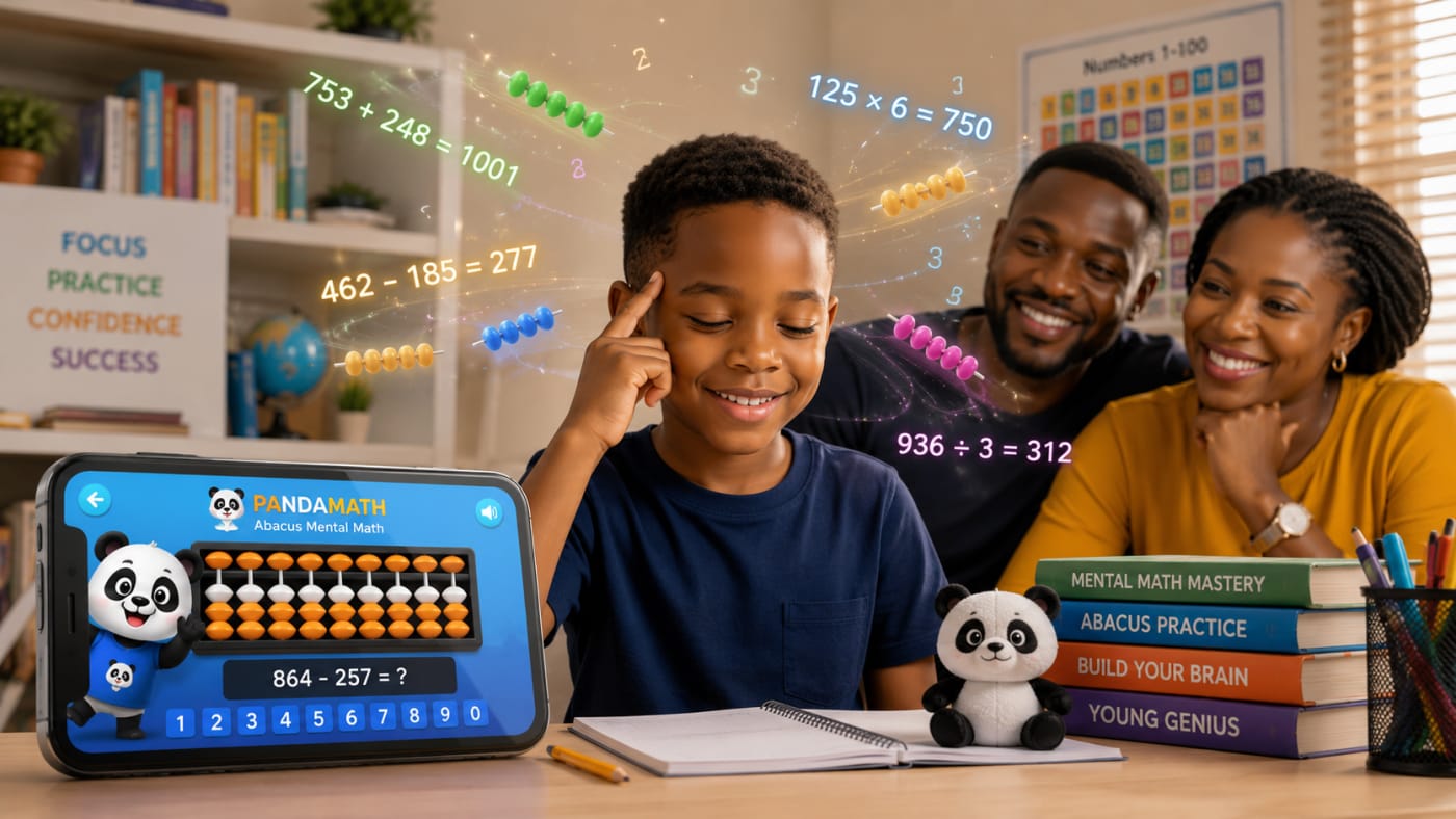 Nigerian child practising the abacus method for mental maths on a phone