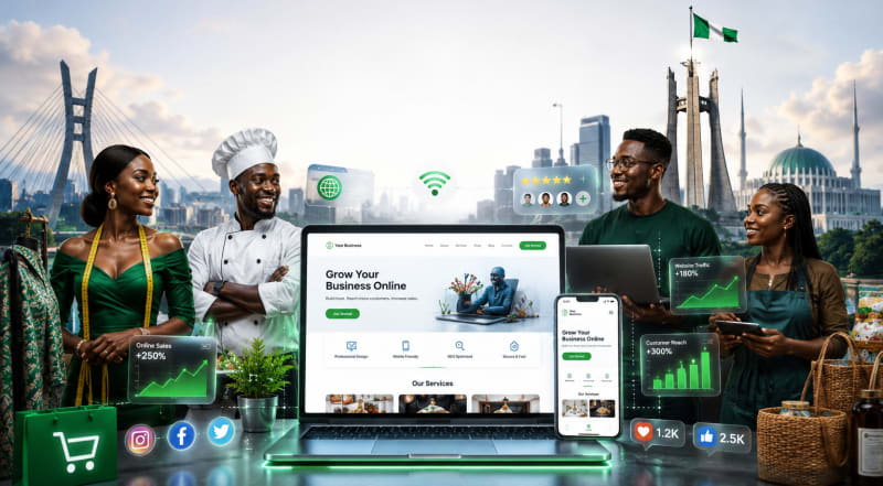 Nigerian small business owner using a professional website on a laptop