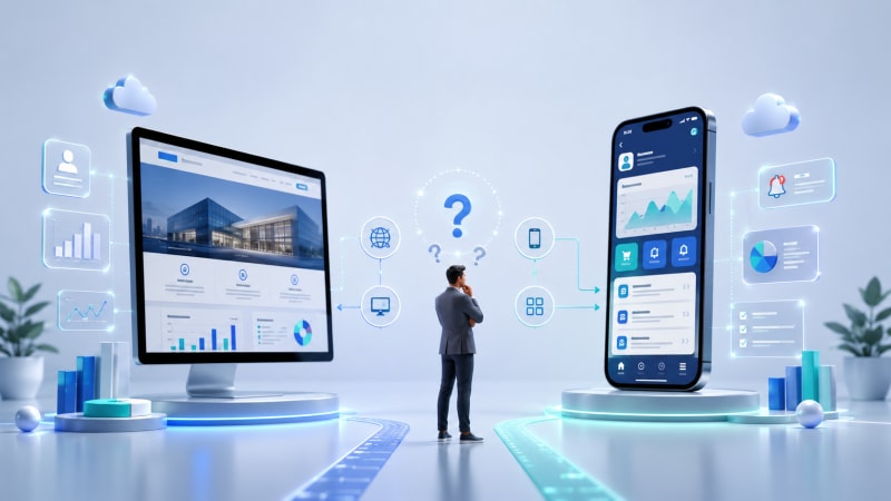 Comparison of a business website and a mobile app on a phone screen