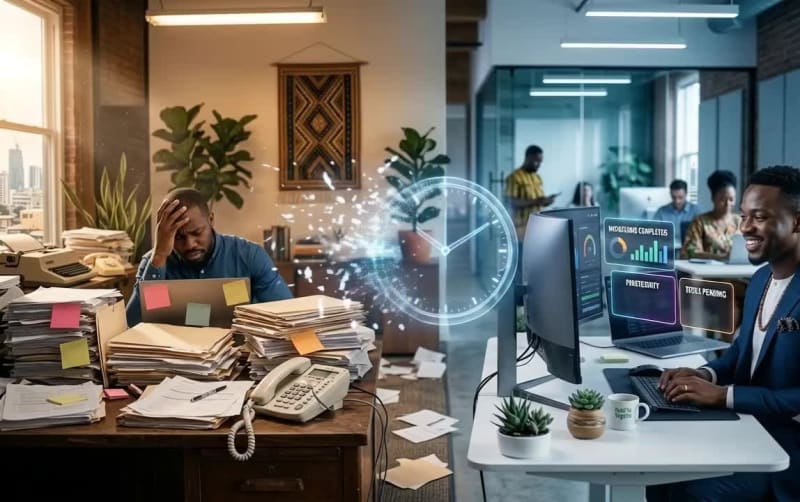 Nigerian business owner reviewing time saved after automating manual tasks