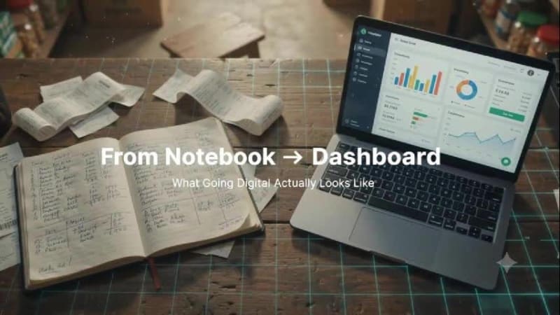 Nigerian business owner moving from paper notebook records to a digital dashboard