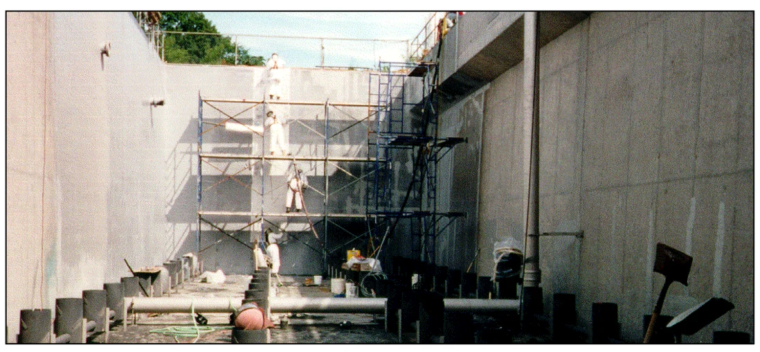 Wide view of scaffolding inside aeration basin