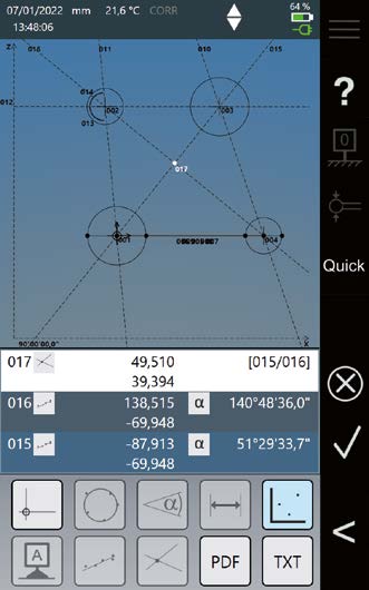 Digimar 817 CLT 2D measuring screen showing bore positions and angles