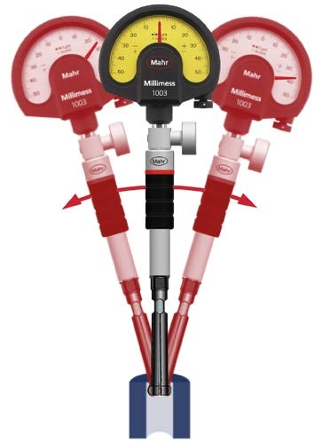 Split-ball bore gage rocked through the bore axis to find the minimum reading