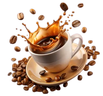 Coffee cup with splash and coffee beans