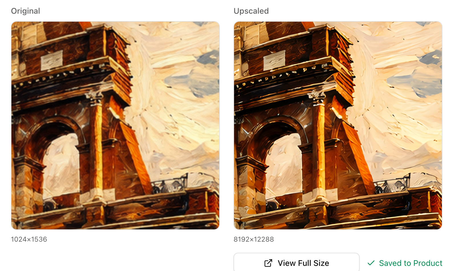 Original 1024 × 1536 artwork compared with an 8x upscale at 8192 × 12288 pixels