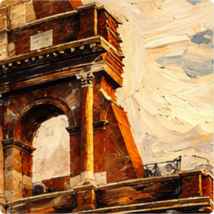 Painterly architectural artwork with warm ochre tones, visible brush texture and soft blue highlights