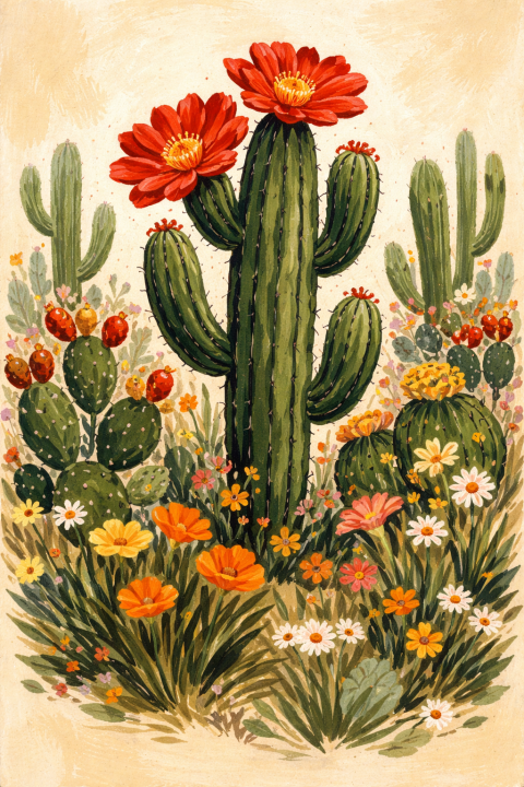 Cactus Wall Art, Desert Botanical Poster, Southwest Floral Nursery Decor