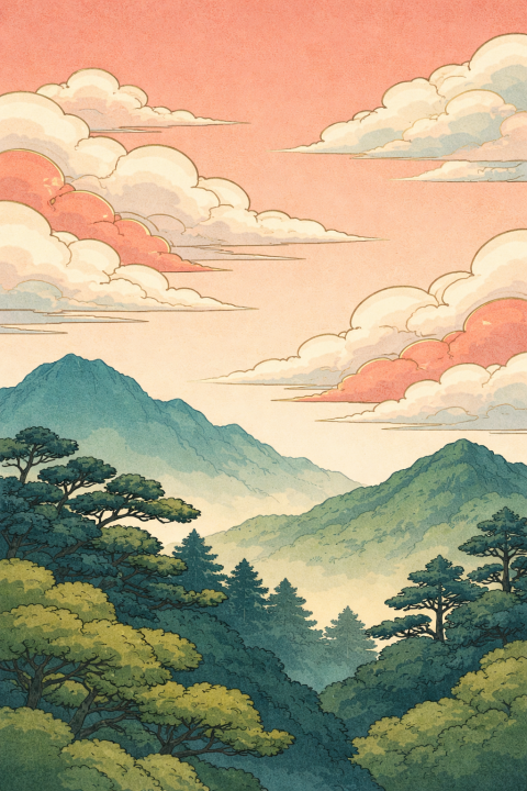 Mountain Landscape Wall Art, Vintage Japanese Sunset Poster, Pastel Sky Nature Decor