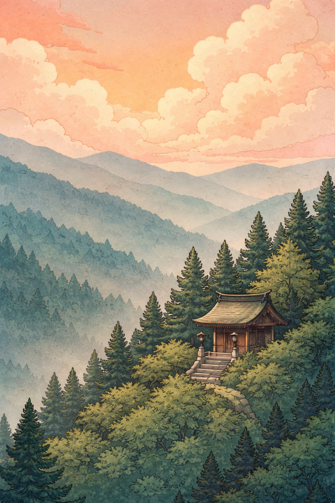 Mountain Cabin Wall Art, Japanese Landscape Poster, Misty Forest Sunset Decor