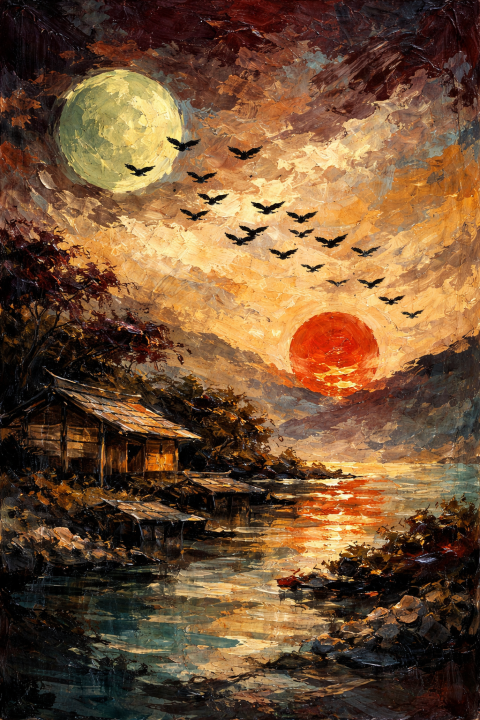 Moon and Sunset Wall Art, Rustic Lakeside Landscape Poster, Painterly Sky Birds