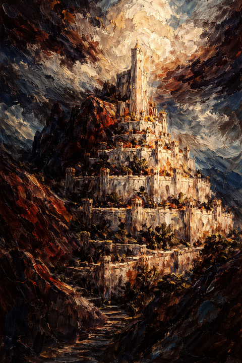 Fantasy Castle Wall Art, Dark Mountain Landscape Poster, Dramatic Oil Painting Decor