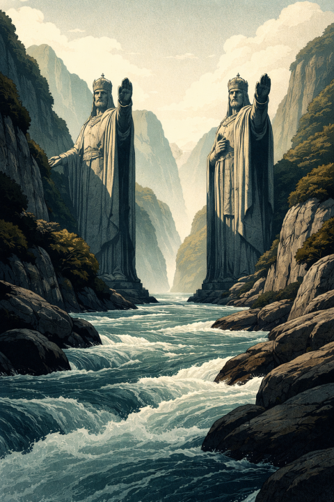 Giant Statue Wall Art, Fantasy River Canyon Poster, Mythic Landscape Decor