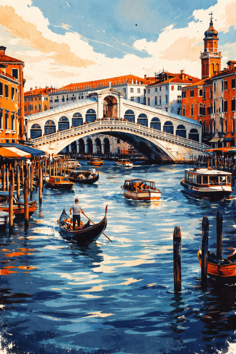Venice Rialto Bridge Art | Printable Wall Art | Italian Travel Poster | Watercolor Cityscape | Mediterranean Decor