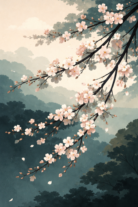 Cherry Blossom Matte Poster, Japanese Watercolor Wall Art, Zen Nature Decor
