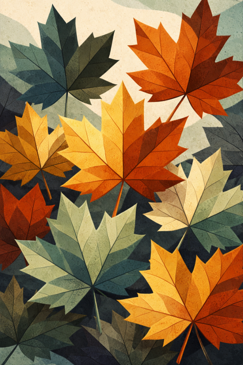 Maple Leaves Matte Poster, Autumn Botanical Wall Art, Mid Century Fall Decor