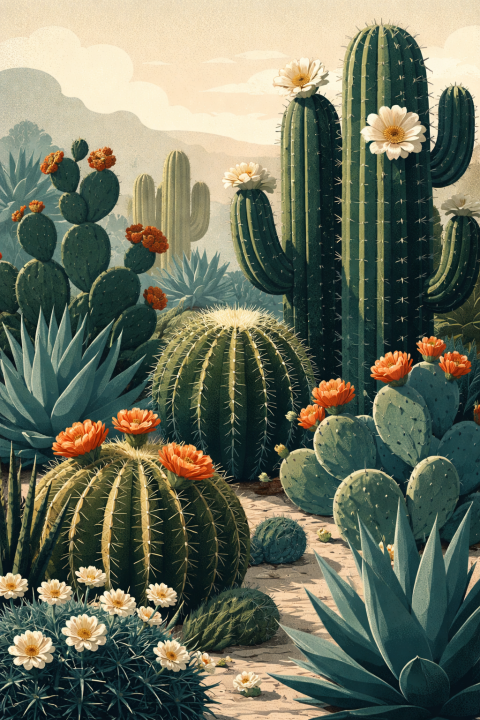 Cactus Matte Poster, Desert Botanical Wall Art, Southwest Vintage Illustration