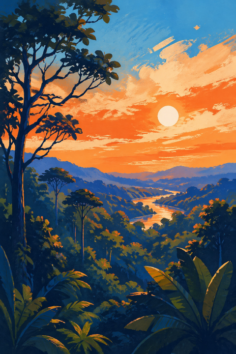 Tropical Sunset Wall Art, Jungle Landscape Matte Poster