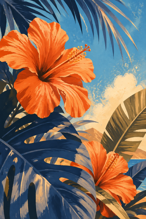 Hibiscus Wall Art, Tropical Botanical Poster, Coastal Palm Leaf Decor
