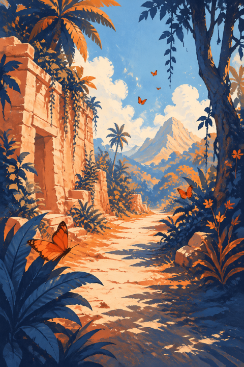 Tropical Ruins Poster, Jungle Landscape Wall Art, Butterfly Nature Decor