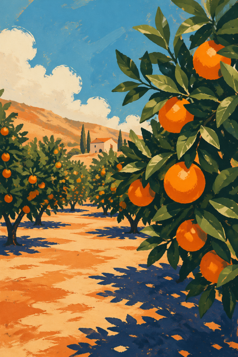 Orange Grove Poster, Mediterranean Landscape Wall Art, Italian Countryside Decor
