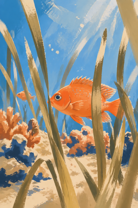 Orange Fish Wall Art, Coastal Ocean Poster, Underwater Beach Decor