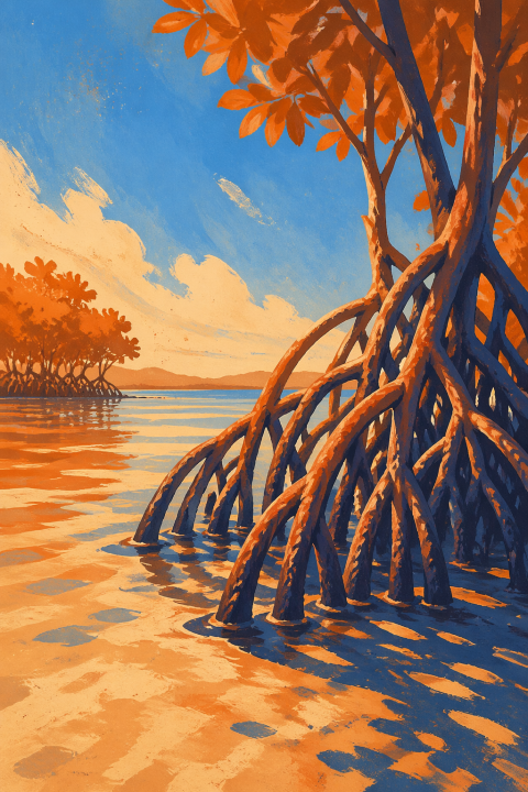 Mangrove Wall Art, Tropical Coastal Poster, Orange Blue Landscape Decor